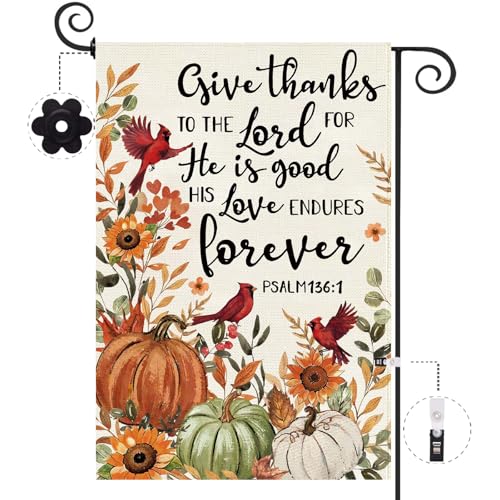 Baccessor Fall Pumpkin Garden Flag Double Sided 12.5x18 Inch, Autumn Thanksgiving Cardinal Give Thanks to The Lord Flag Seasonal Farmhouse Holiday Yard Outdoor Outside Decoration