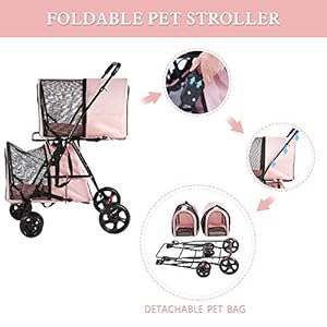   Double-Pet-Stroller-with-2-Detachable-Carrier-Bags-Foldable-Cat-Stroller-wLockable-Wheels-Safety-Belt-Portable-Double-Cat-Stroller-on-for-Small-Medium-Dogs-Cats-Pink