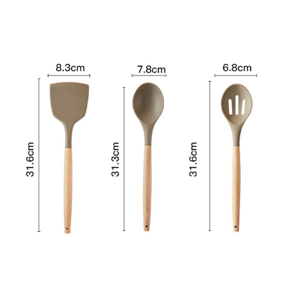 SKUZA Juego de Utensilios de Cocina, Pala de plástico, Cuchara, Cuchara ranurada, Cuchara Antiadherente de Silicona de Grado alimenticio, Mango de Madera de Haya, Juego de Cuchara y Cuchara