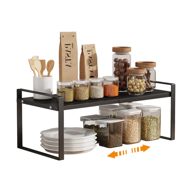 Qifaz Expandable Cabinet Countertop Shelves, Storage Stackable Shelf Kitchen Cupboard Organizer Stackable Spice Rack Kitchen Pantry Storage,9.8" D,Black