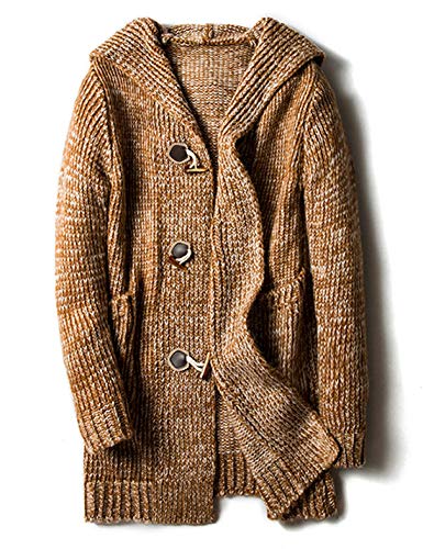 Omoone Men's Casual Loose Horn Button Up Mid Long Hooded Cardigan Sweater (Khaki, M) #TOP1