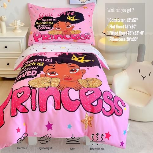 Image of 4 Piece Toddler Bedding Set for Girls,Toddler Black Girl Magic Comforter Set,Black Princess Toddler Bed Comforter Set Includes Comforter, Flat Sheet,Fitted Sheet,Pillowcase
