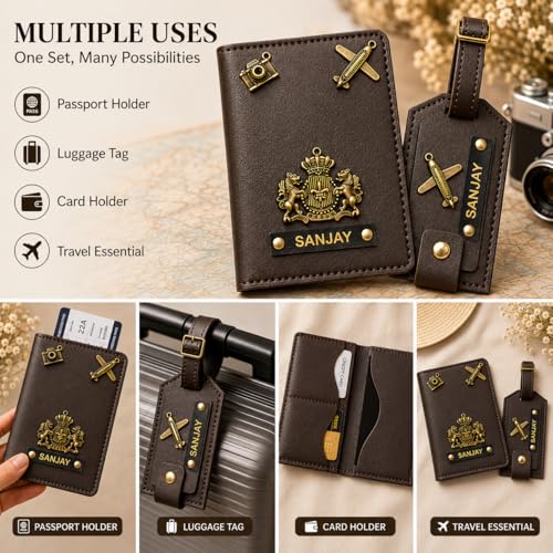 Image of Eco Leather Unisex Passport Cover and Luggage Tags (Brown)