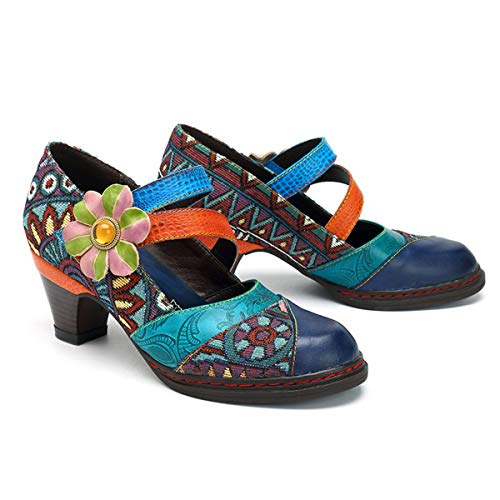 CrazycatZ Womens Leather Mary Jane Shoes Colorful Patchword Block Heel Pumps Vintage Mary Jane Shoes2