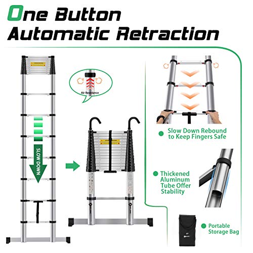ZeeDix 15.5 FT Multi-Purpose Aluminum Telescoping Ladder with Hook- Upgrade One Button Retraction Safety Home Foldable Durable Stair for RV, Truck, Trailer, Ceiling, Roof Working, 330 lbs Capacity