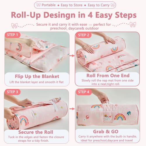Image of Toddler Nap Mat with Removable Pillow,Ultra Soft Slumber Bags for Girls,Kids Sleeping Bags with Roll Up Design, Perfect for Preschool,Daycare,Kindergarten