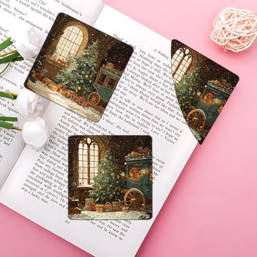 Image of 2Pcs Christmas Wreath Corner Bookmarks, Handmade PU Leather Page Corner Protectors, Vintage Holiday Art Stationery Gift for Book Lovers, Kids, Teachers, Reading Accessories 3.54 x 3.54