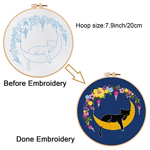 Image of Louise Maelys Cat Moon Embroidery Kit for Beginners Floral Design | Cross Stitch Kits for Adults Create Relaxing Crafts. Needlepoint Kit for Handmade Decor, Gifts and Creative Projects