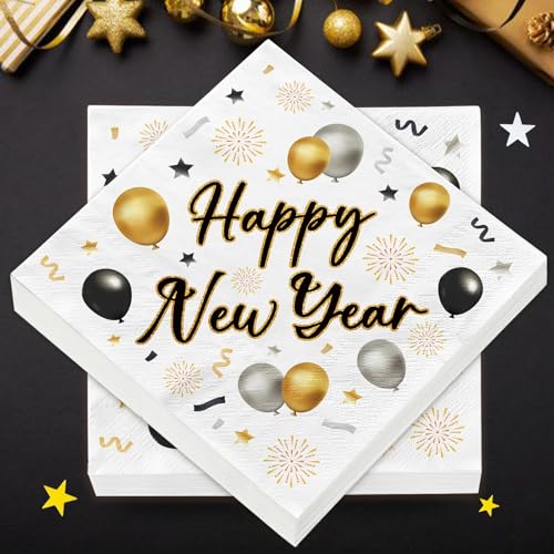 40 Stück Servietten Silvester Deko 2026, Servietten Happy New Year Silvester Tischdeko Partyzubehör, Neujahr Party Dekoration (33 x 33 cm)