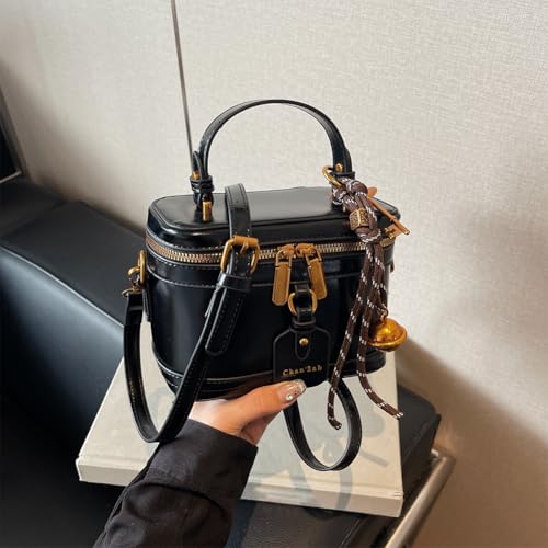 Retro PU Leather Bucket Bag for Women Zipper Closure Small Crossbody Handbags with Pendant Top Handle Casual Shopper3