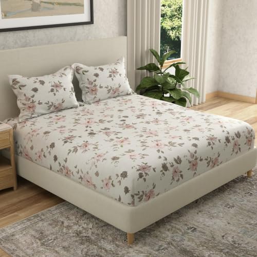 Image of Huesland by Ahmedabad Cotton 144 TC Cotton Elastic Fitted Bedsheet for Double Bed with 2 Pillow Covers | 60 x 78 inches