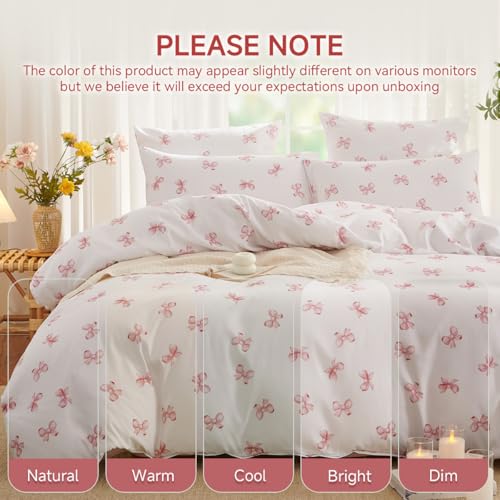 Image of Girls Duvet Cover Set Full Size,Pink White Bow Ties Pattern Bedding Set for Adults Kids Romantic Style,Soft Chic Microfiber Comforter Cover Sets with Zipper Closure and 2 Pillowcases