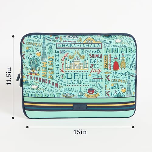 Image of Chumbak TEAL Traveller's Laptop Sleeve a€ inch 15 Inch, Blue, Soft Padded Laptop Case with Foldable Handles, Lightweight and Trendy for Office, College and Travel