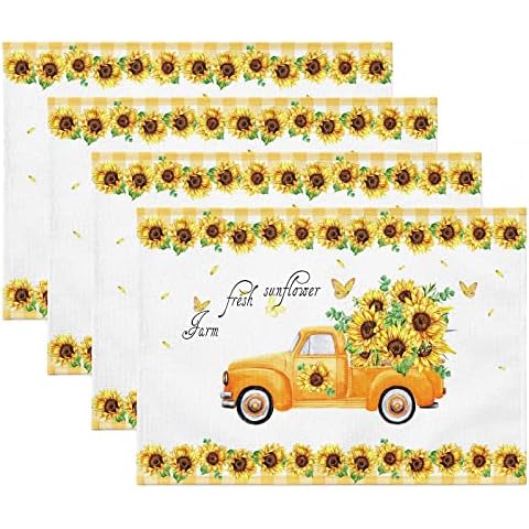 Placemats Set of 4, Sunflower Summer Fall Non Slip Heat Resistant Cotton Linen Fabric Cloth Place Mats, Yellow Square Buffalo Plaid Washable Dining Table Mat for Rustic Farmhouse Home Kitchen Decor Cover