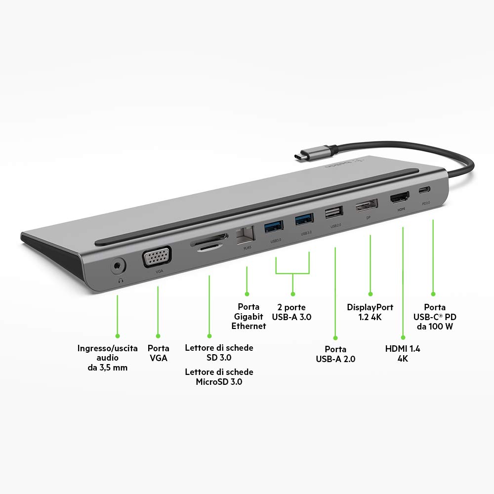 Belkin Hub Usb-C, Adattatore Multiporta 11 In 1 con Hdmi 4K, DP, VGA, Alimentazione Passante PD 100 W, 3 USB-A, Gigabit Ethernet, SD, Microsd e Audio da 3.5 mm per Macbook* Pro, Air, Xps e Altri