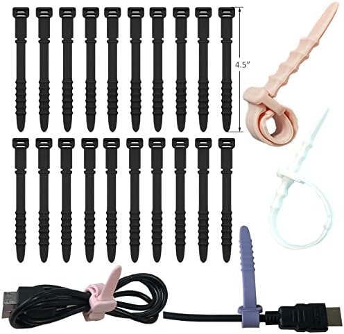 Silicone Zip Ties, Reusable Zip Ties, 20pcs Rubber Cable Ties Straps for Wire Management, Elastic Cable Organizer for Home Office Table Desk. Black 4.5” Cord Ties (20 Pcs Black)