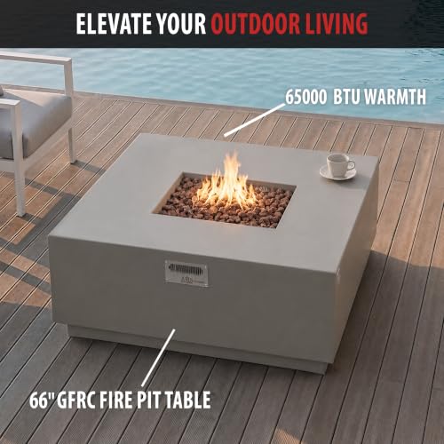 Image of AMS 48 inch Square Concrete GFRC Propane Gas Fire Pit Table (Light Gray)