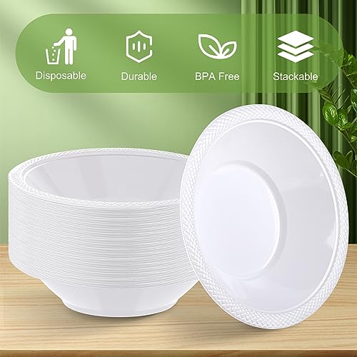 Kochorie 300 Pack Disposable Plastic Bowls 12oz Disposable Salad Bowl White Bowl Plastic Cereal Dessert Bowls Snack Ice Cream Candy Food Serving Bowls for Christmas Fall Halloween Party Weddings - Thumbnail 4