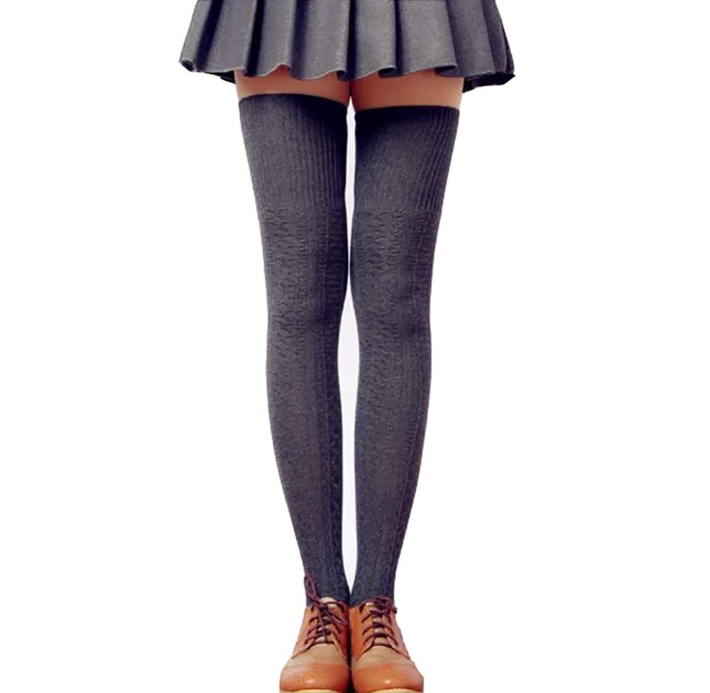 Lsharon Women's Dark Grey Over The Knee Thigh High Stockings Soft Knit Crochet Sock Leggings (Dark Grey)