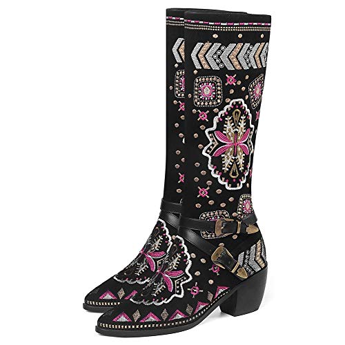 SaraIris Western Boots Flower Embroidery Shoes for Women - Cool Chinese Ethnic Cowboy Cowgirl Style Pointed Toe Shoes Woman Pull On Buckle Design Knee Boots - Thumbnail 6