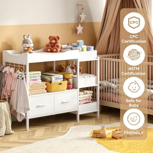 Image of Baby Changing Table with Storage,Heavy-Duty Diaper Changing Station, White Nursery Dresser Organizer with 2 Large Fabric Baby Drawers, 3 Diaper Caddy Bin & Wood Shelf, Kids & Baby Bedroom Furniture