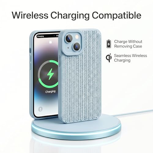 Image of amazon basics Luxury 3D Knitted Texture Soft Silicone Back Cover for iPhone 14 | Slim Fit Shockproof Case with Camera Protection & Non-Slip Grip - Blue