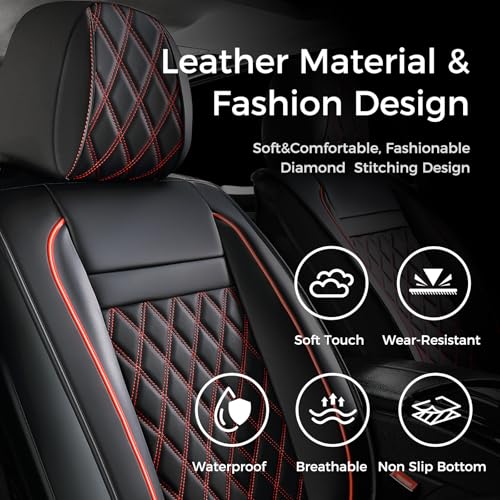 Image of Huidasource Car Seat Covers for Front Seat, Car Seat Cushion Waterproof, Full-Cover Faux Leather Car Seat Cover Protector Universal Fit for Most Cars,Vans,Trucks, SUVs (Front Pair /Black&Red)