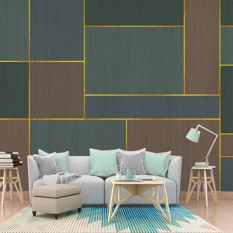 Papier peint salon moderne géométrique vert canapé chic