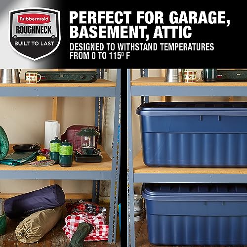Image of Rubbermaid Roughneck Tote 50 Gal, 2 Pack, Made in USA, Dark Indigo Metallic, Rugged Plastic Stackable Storage Bins with Lids and Handles