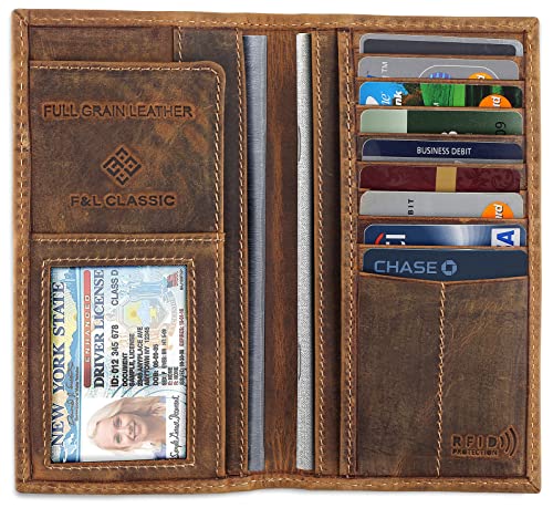 Image of F&L CLASSIC Men's RFID Vintage Look Genuine Leather Long Bifold Wallet Checkbook Wallets,buffalo wax vintage leather,240 wax brown