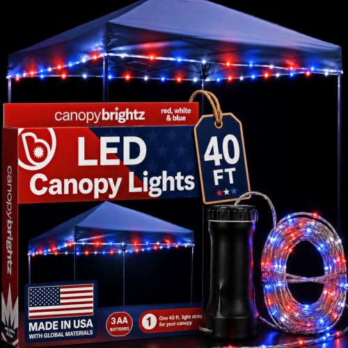 Brightz LED Patriotic Canopy Lights - 40 ft Red White & Blue String Lights - 4th of July Golf Cart Decorations - Made in USA with Globally Sourced Materials Battery Powered 60 LEDs 24+ Hour Runtime