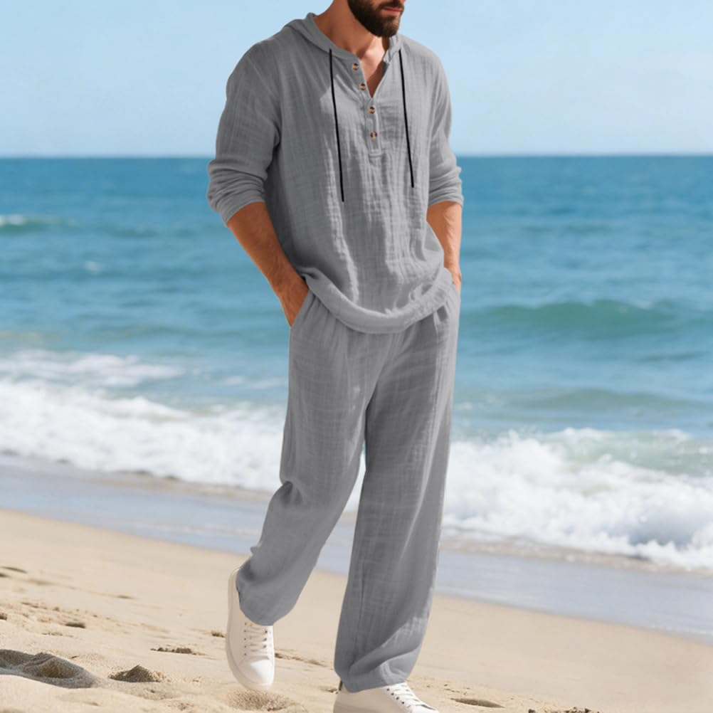Homme Ensemble en Lin 2 Pièce Chemises T-Shirt à Capuche Hoodie à Manches Longues et Pantalons Ensembles Décontracté Mode Survêtement