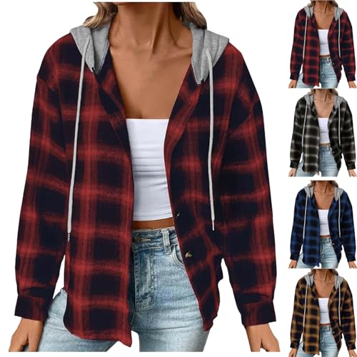 Women's Hooded Plaid Shacket 2025 Fashion Button Down Jackets Baggy Casual Long Sleeve Fall Outwear Flannel Shirts
