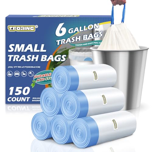 T.FORING 150 Count 6 Gallon Trash Bags Drawstring - 1.1 Mil Heavy Duty Medium Garbage Bags,22.5 Liter Strong Plastic Can Liners Unscented,Thick Waste Basket Bags for Bathroom Office Kitchen