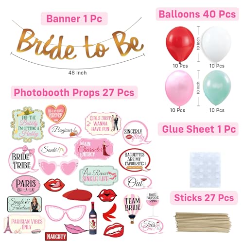 Image of Party Propz Paris Theme Bride To Be Decorations Set - 96 Pcs Bridal Shower Decoration Kit with Balloons, Banner & Paris Theme Photobooth Props, Bride To Be Banner (Cardstock, Latex)