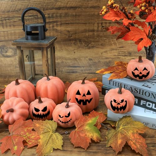 Image of Ghrdopy Fake Pumpkins, 8 Pcs Orange Artificial Pumpkins, Plastic Pumpkins for Thanksgiving Party Table Centerpiece Autumn Home Decoration-B