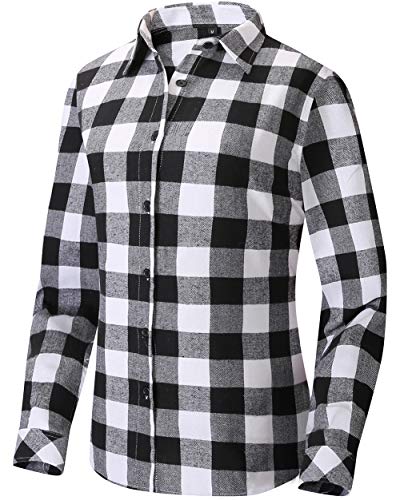 Uillnoodu Womens Flannel Plaid Shirts Long Sleeve Regular Fit Button Down Casual Cotton, White and Black Plaid, 2XL
