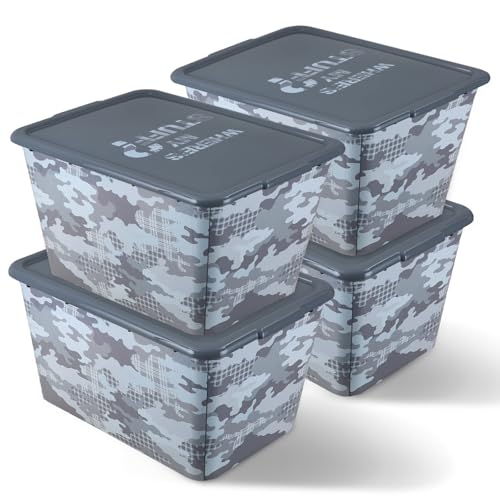 Image of SIMPLYKLEEN 4 Packs 58 QT Plastic Storage Bins with Grey Camoflauge Print Lids, Stackable Storage Container, Large Storage Box for Organizing Garage, Closet, Kitchen, Made in the USA