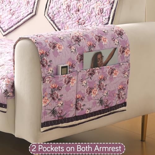 Image of HOKIPO 'Florentina Series' Premium Holland Velvet Sofa Arm Cover with Foam Filling & Anti Slip Backing | 2 Pcs | Peony Lavender (IN-876-V6*2S)