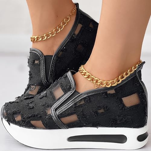Platform Sneakers for Women Fashion Sneakers for Women 2025 Air Cushion Mesh Up Stretch Platform Shoes Floral Embroidery Breathable Slip on Sneaker Comfort Dressy Casual Walking Work Shoes4