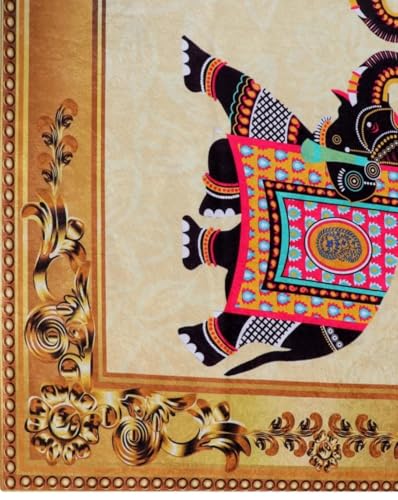 Image of velvet Decorative Rectangular Table Cover with Traditional Elephant Design, Living Room Centre Table Cloth, Beige and Multicolour