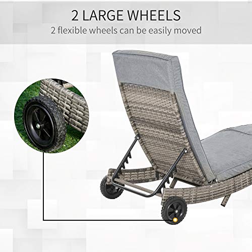 Outsunny US862-0300131 Wicker Chaise Lounge Pool Chair, Outdoor Pe Rattan Cushioned Patio Sun Lounger W/ 5-Level Adjustable Backrest & Wheels thumb #4