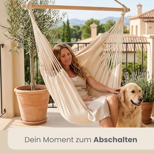 AMANKA XXL Hängesessel Beige 185x130 cm belastbar bis 150kg – Hängestuhl ideal zum Lesen & Entspannen – Hängesitz aus Baumwolle für Drinnen und Draussen ohne Gestell- Schwebesessel für 2 2