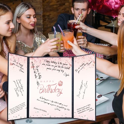 Image of Crenics Black and Pink Happy Birthday Decorations for Women, Creative Birthday Guest Signature Book Alternative 18 inch x 12 inch, Awesome Birthday Gifts for Girls