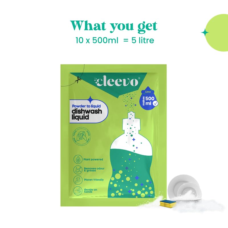 Image of Cleevo Dishwash Liquid Gel 5L Refill Pack (10 sachets makes 5 Litres), No bottle | Powder to liquid formula | Removes Oil & Burnt Residue | Non-Toxic