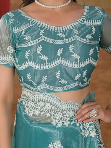Image of Satrani Women's Net Embroidery Saree with Unstitched Blouse Piece