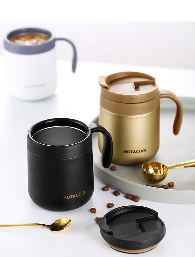 Gteller - Tazza da caffè in acciaio inox da 350 ml a doppia parete con isolamento sottovuoto, con coperchio e manico, mantiene la bevanda calda e