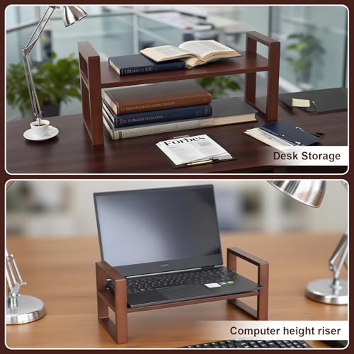 Image of Desk Shelf, 100% Solid Wood Adjustable Desktop Bookshelf, No Tools or Nails Required Retro Tabletop Bookshelf, 130lb Load Capacity for Living Room, Office, for Books, Cookbooks, Walnut Colour