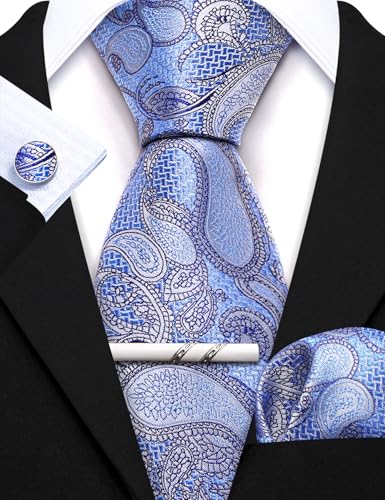 Image of Barry.Wang 6 PCS Men Ties Set Silk Business Fashion Woven Necktie Handkerchief Cufflinks Paisley Stripe Wedding Party