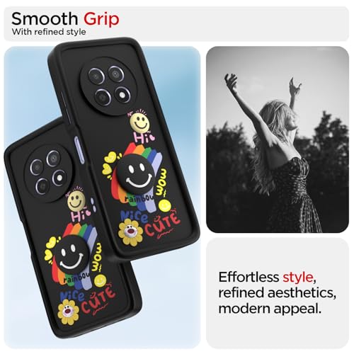 Image of Pikkme Back Cover for Realme Narzo 70x 5G / N65 / Realme 13 /12 / 12X 5G / C65 | Soft Silicone| Cute Rainbow Smile & 3D Cartoon Flower Design | Shockproof Raised Camera Protection Bumper Case (Black)